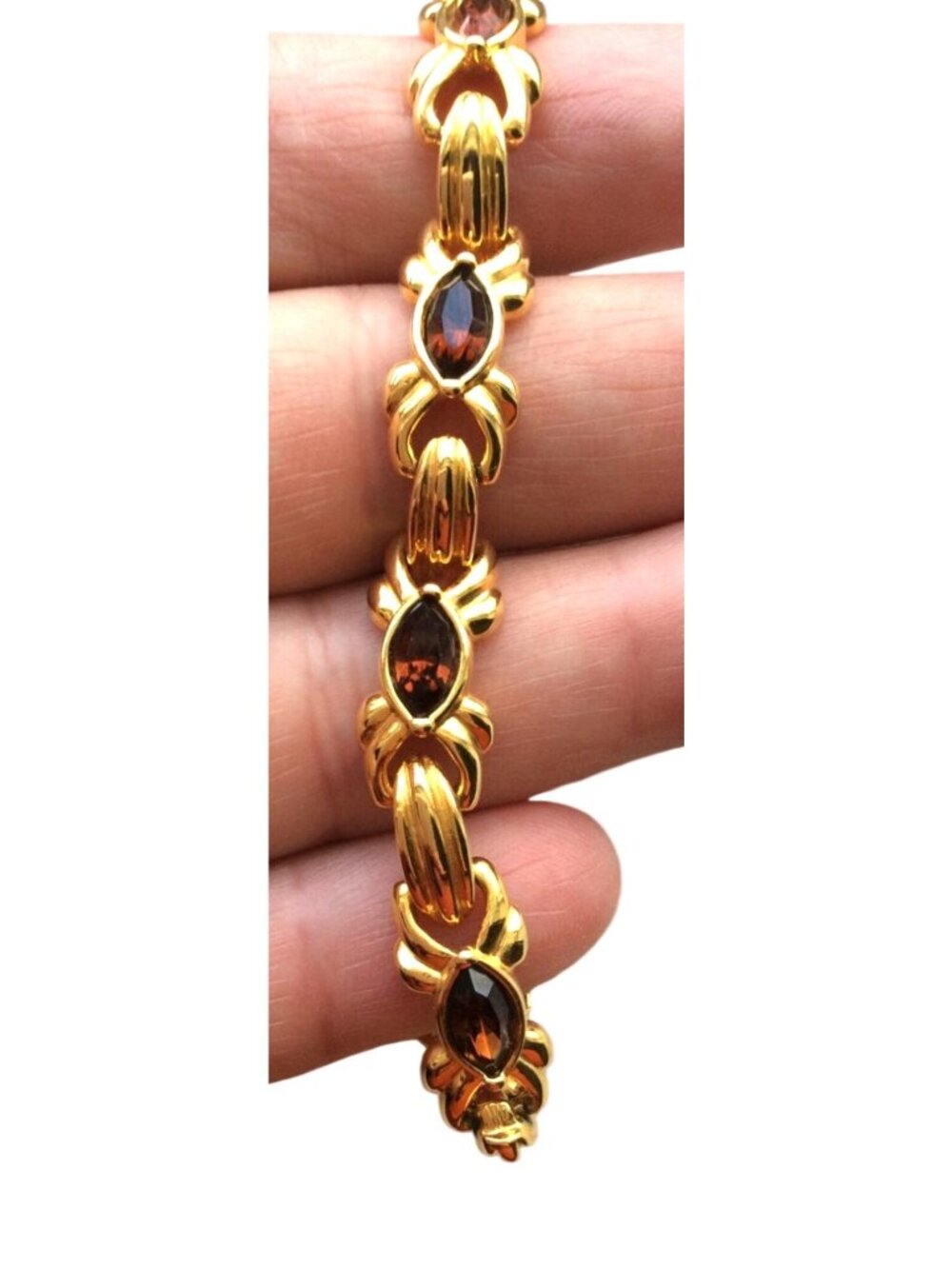 Gold-Tone Bracelet With Marquise Garnet-Colored Stones & Textured Links